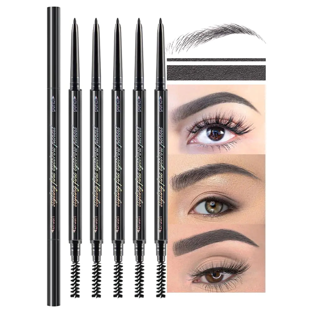 5 Pcs Waterproof Dual-Sided Fine Tip Eye Brow Pencils PackUltra-Fine Mechanical PencilDraws Tiny Brow Hairs Defines Fills Eyebrows Shapes Contours Combs (Pack of 5)-Grey