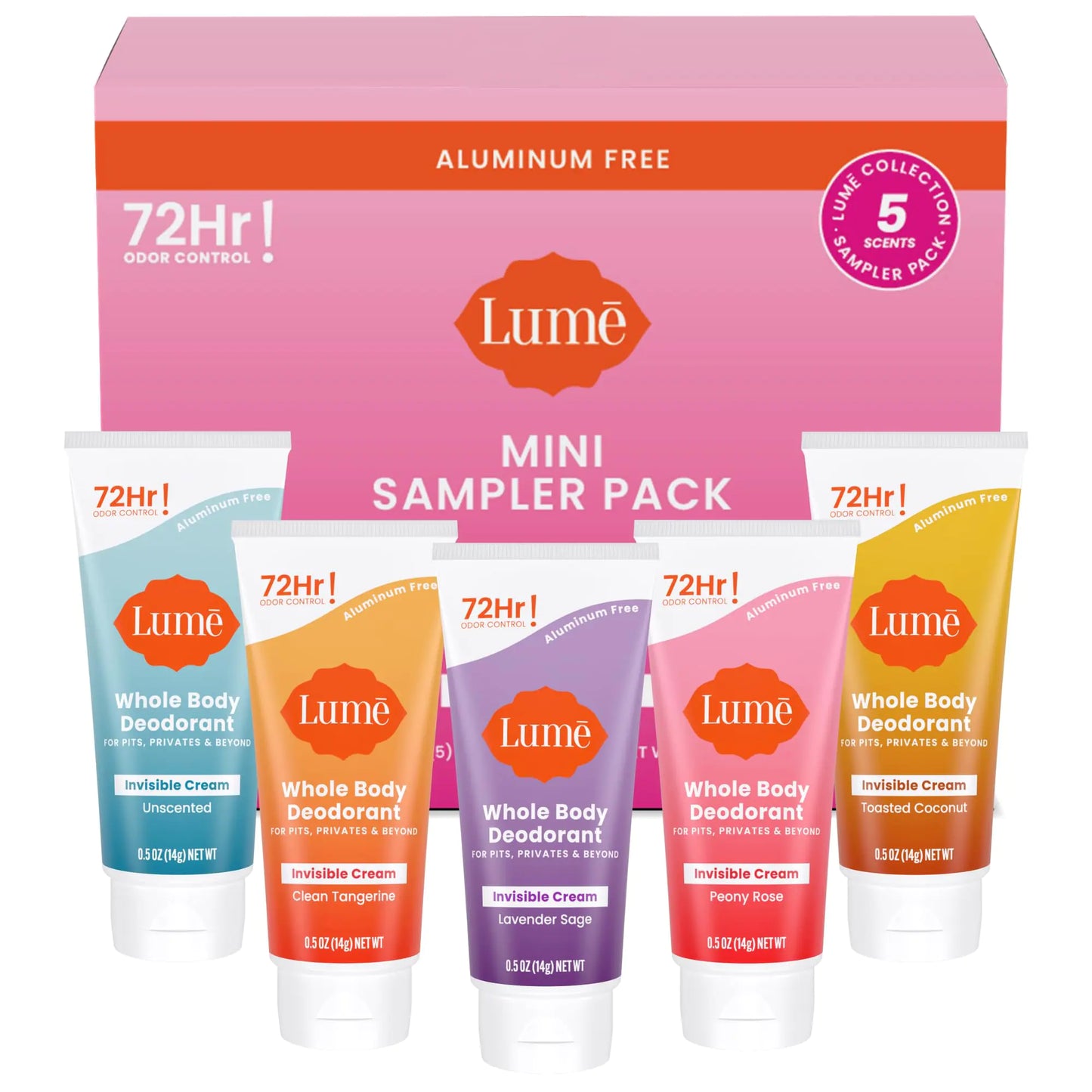 Lume Whole Body Deodorant 5 Pack Sampler - Invisible Cream Minis - 72 Hour Odor Control - Aluminum & Baking Soda Free (Clean Tangerine Lavender Sage Peony Rose Toasted Coconut Unscented)