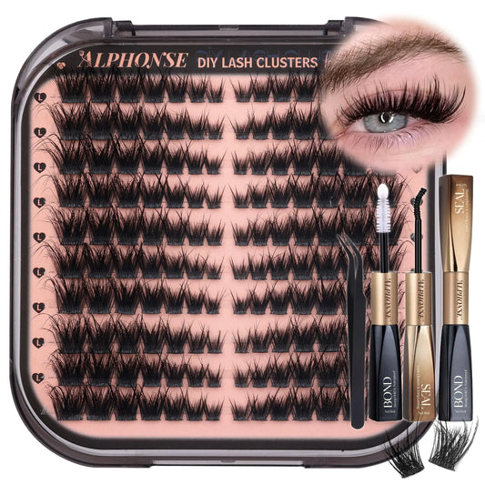 Fluffy Lash Extension Kit Cat Eye Lash Clusters Kit Wispy Cluster Eyelash Extensions Kit Spiky Individual Lashes Clusters DIY Lash Kit with Bond and Seal by ALPHONSE